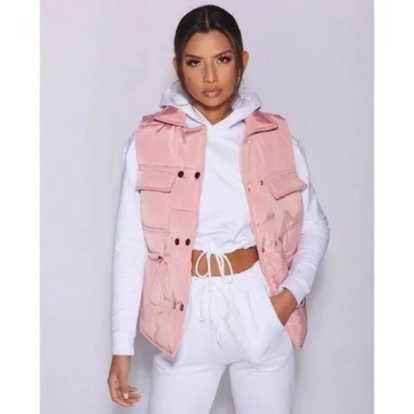 Pink Sleeveless Collared Double Breasted Padded Puffer Jacket Vest Gilet - Picture 1 of 16